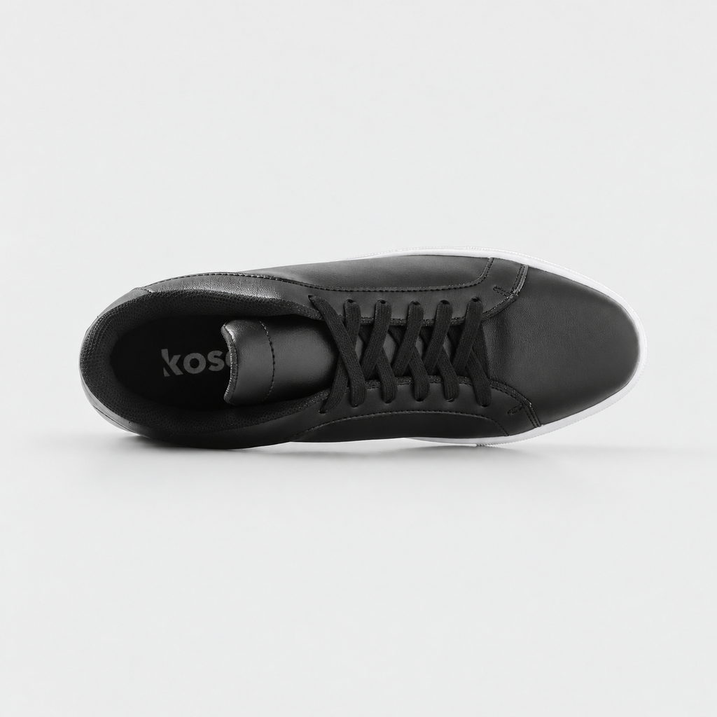 Top view of Mercury Black elevator sneakers showing soft inner lining and hidden height increasing structure.