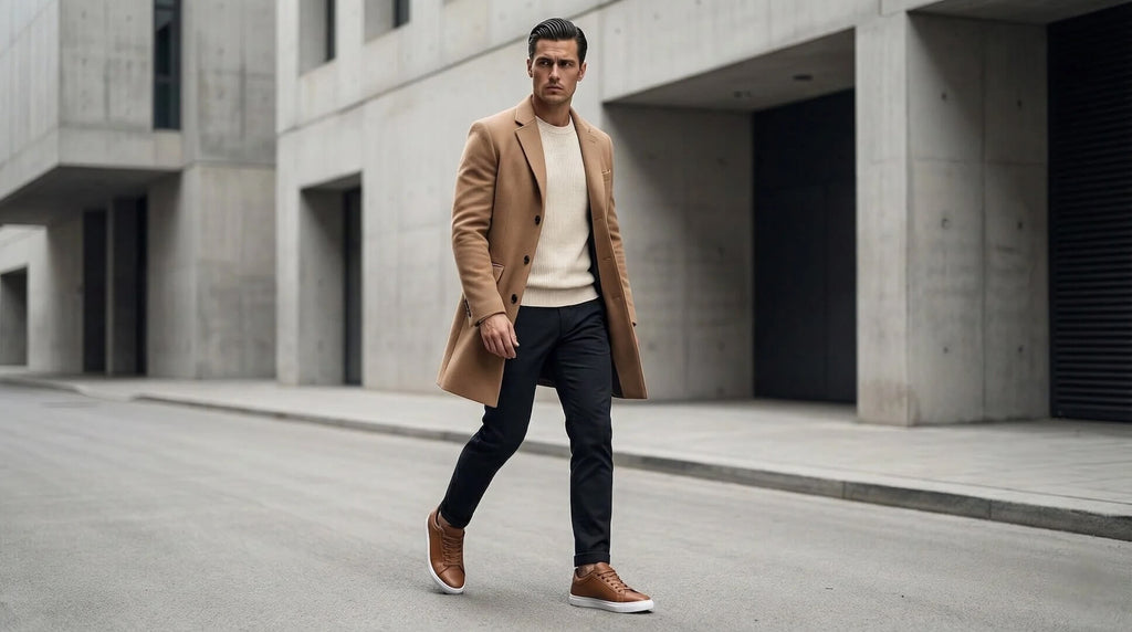 Man wearing Mercury Brown elevator sneakers with a camel coat. Stylish height boosting shoes for smart-casual outfits.