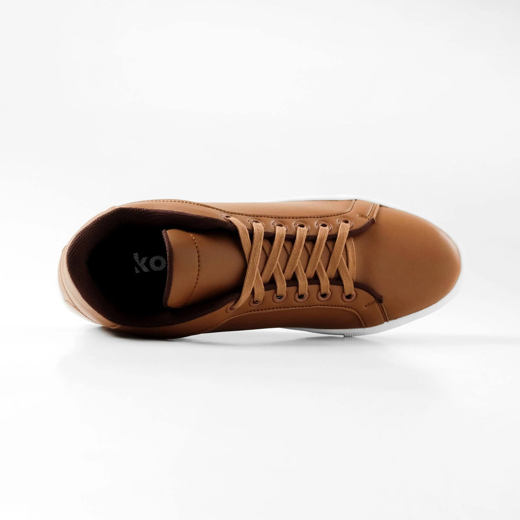 Pair of Mercury Brown elevator sneakers. Synthetic leather elevator shoes for men with invisible 2 inch lift.