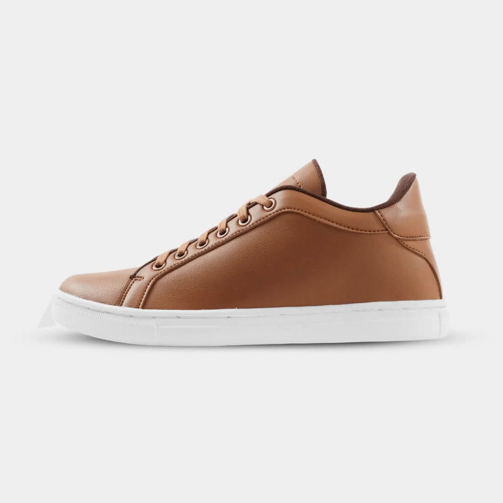 Side view of Mercury Brown elevator sneakers. Men's casual height increasing shoes made with premium vegan leather.