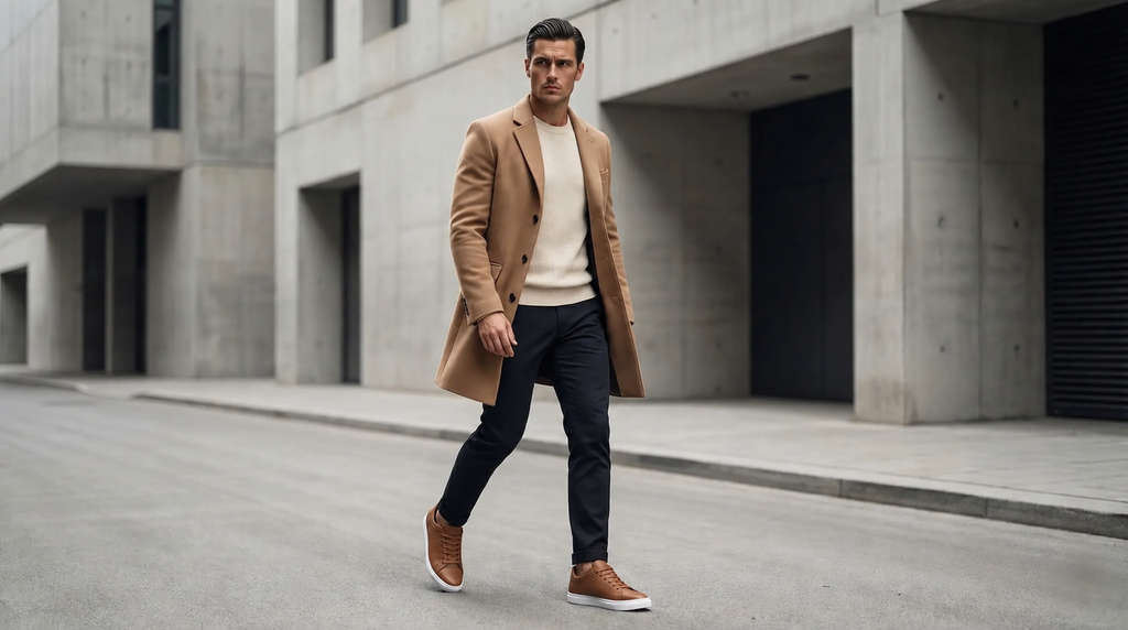 Man wearing Mercury Brown elevator sneakers with a camel coat. Stylish height boosting shoes for smart-casual outfits.