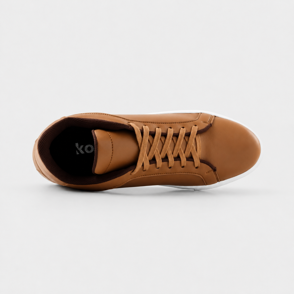 Top view of Mercury Brown elevator sneakers showing cushioned lining and hidden height increasing structure.