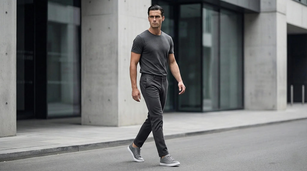 Man wearing Mercury Gray elevator sneakers with dark trousers. Casual monochrome outfit with invisible height boosting shoes.