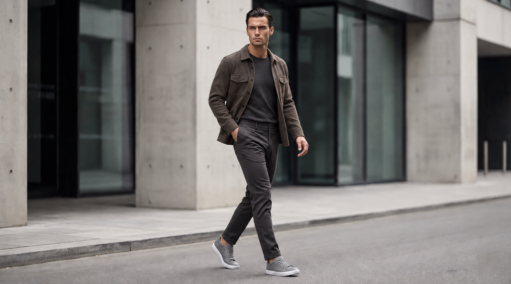 Man wearing Kosen Mercury Gray elevator sneakers with a taupe wool overshirt and charcoal knitwear for autumn.