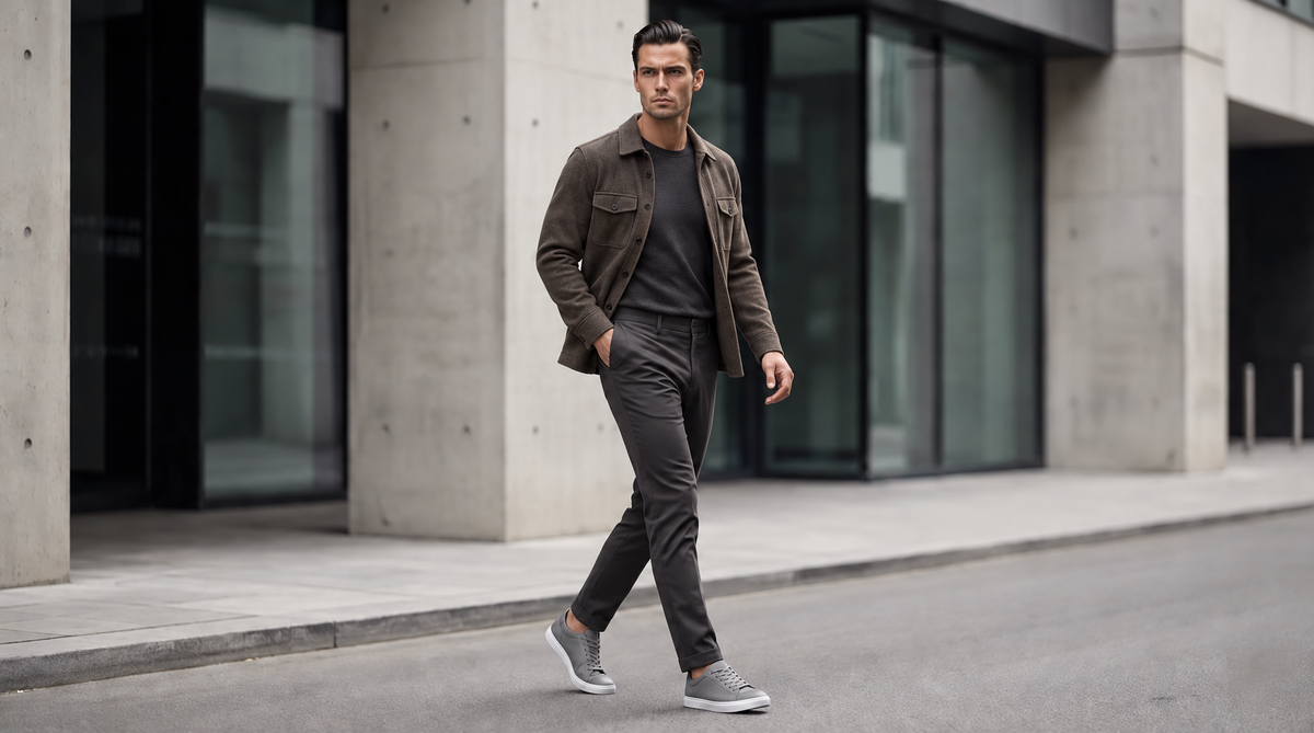 Man wearing Kosen Mercury Gray elevator sneakers with a taupe wool overshirt and charcoal knitwear for autumn.