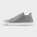 Side view of Mercury Gray elevator sneakers. Minimalist gray height increasing shoes with white soles.