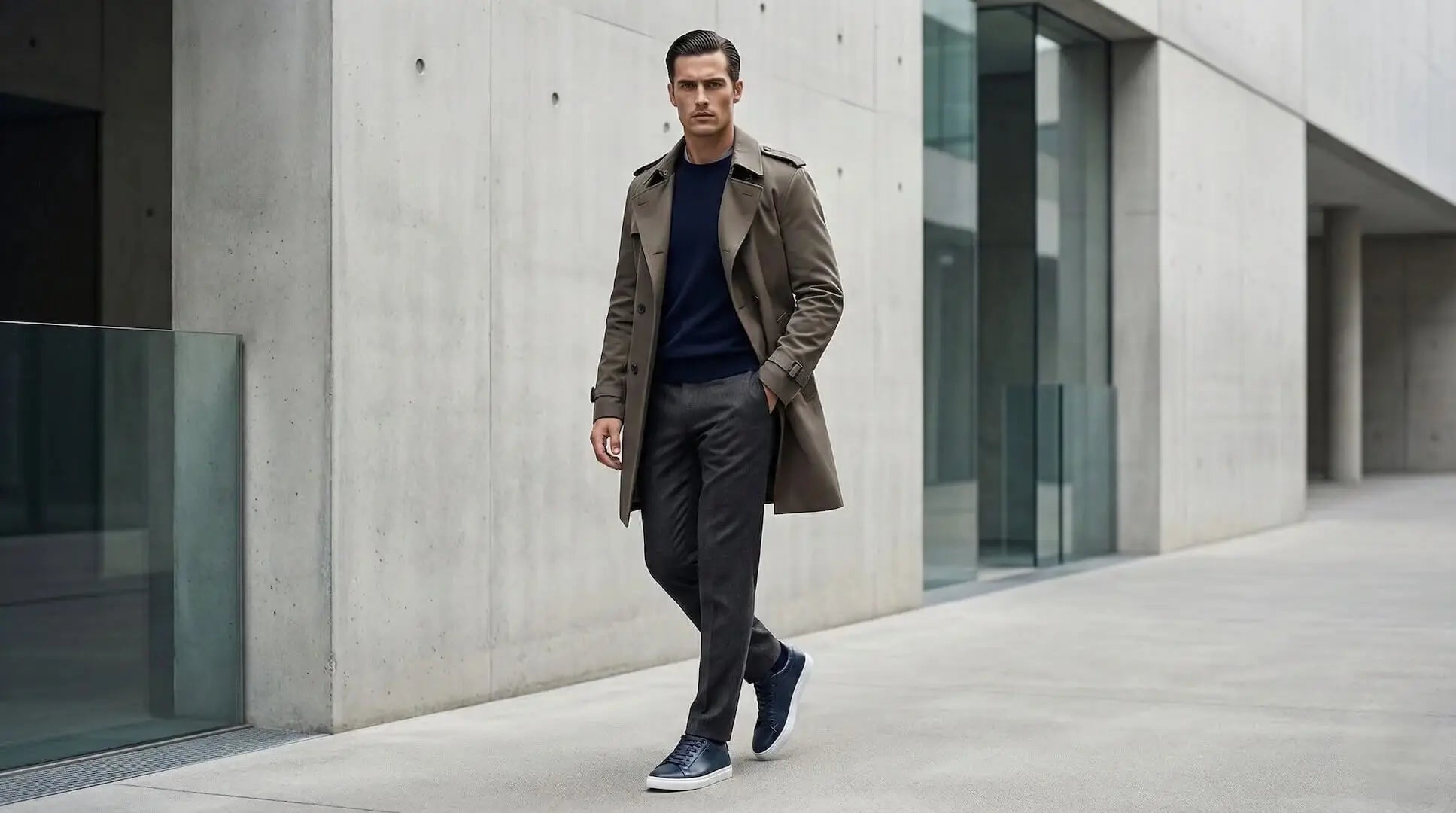 Man wearing Mercury Navy elevator sneakers with a trench coat. Stylish blue height boosting shoes for men.