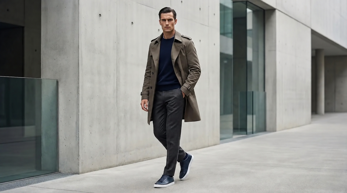 Man wearing Mercury Navy elevator sneakers with a trench coat. Stylish blue height boosting shoes for men.