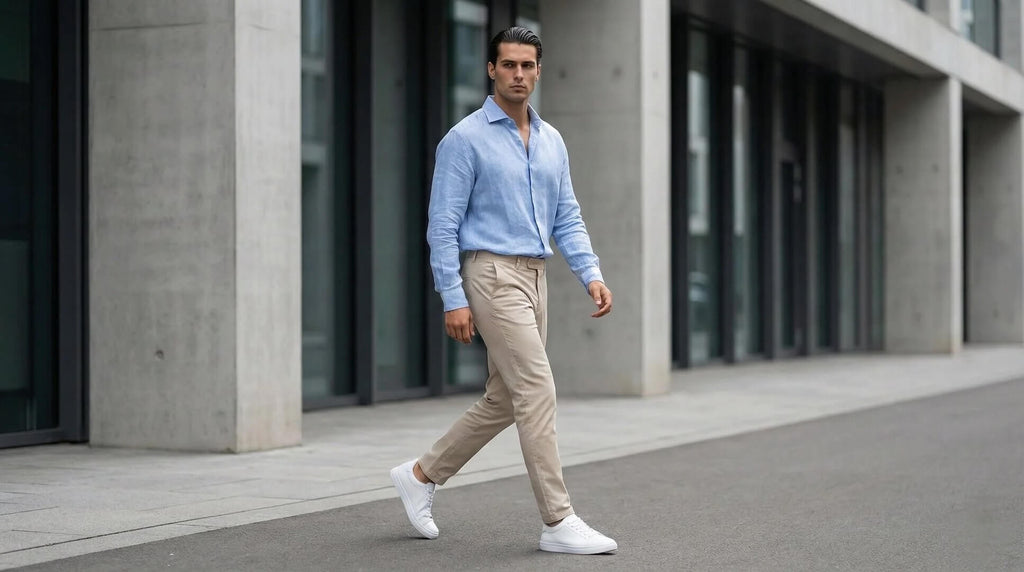 Man wearing Mercury White elevator sneakers with chinos. Casual outfit with invisible height boosting shoes.