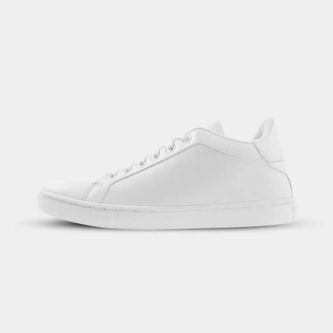 Side view of Mercury White elevator sneakers. Minimalist men's height increasing shoes made with premium synthetic leather.