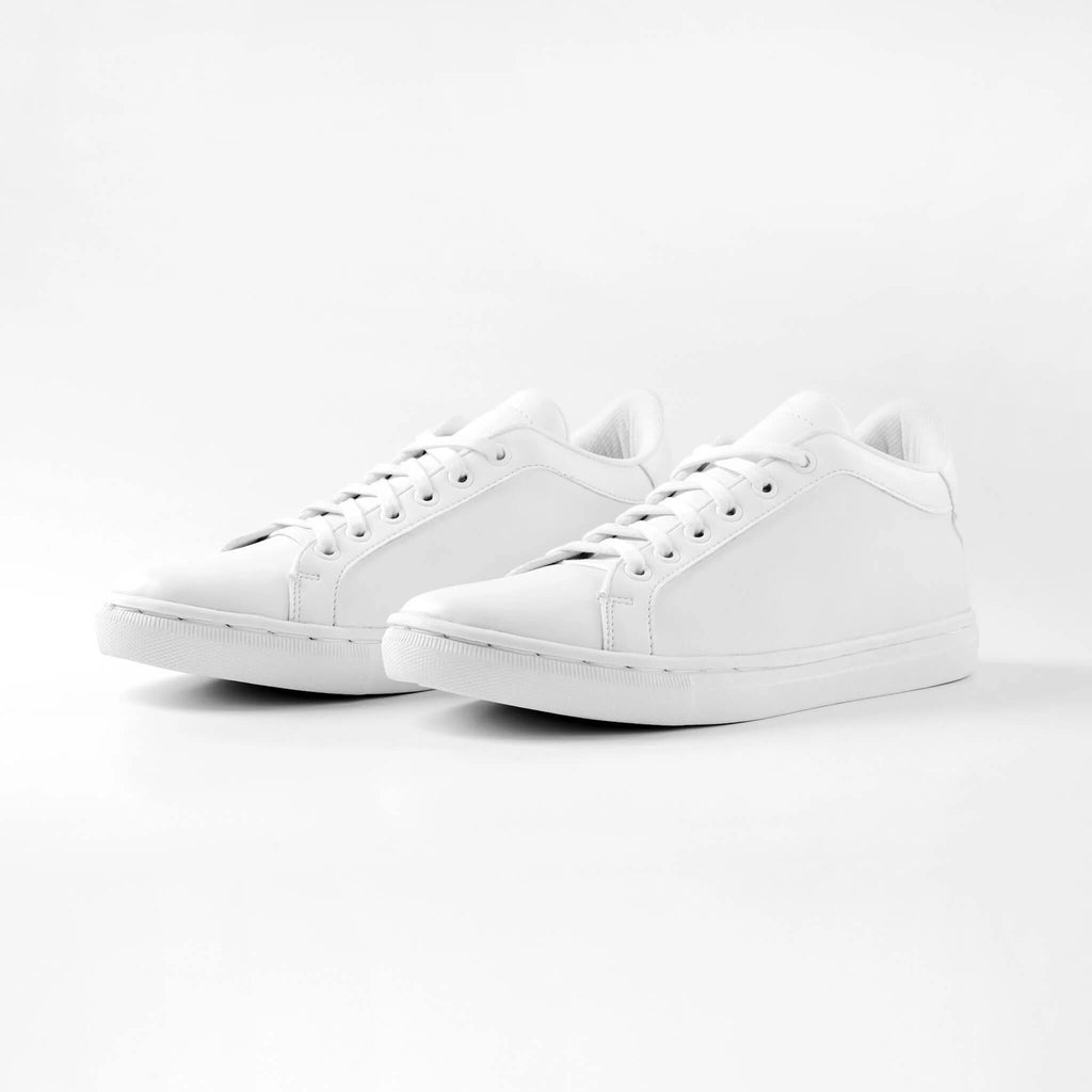 Pair of Mercury White elevator sneakers. Premium vegan leather height increasing shoes for men.