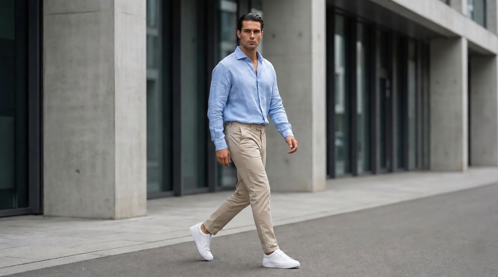 Man wearing Mercury White elevator sneakers with chinos. Casual outfit with invisible height boosting shoes.