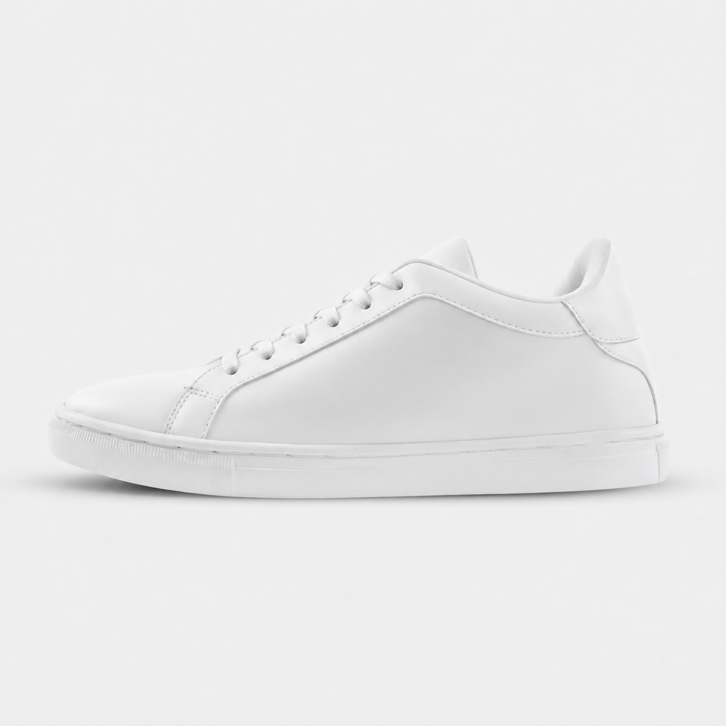 Side view of Kosen Mercury White elevator sneakers with a minimalist low-top shape.