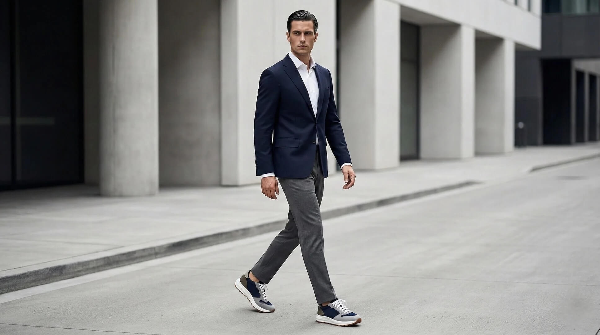 Man wearing Saturn Navy elevator sneakers with a navy blazer and grey trousers. Smart casual retro height boosting shoes.