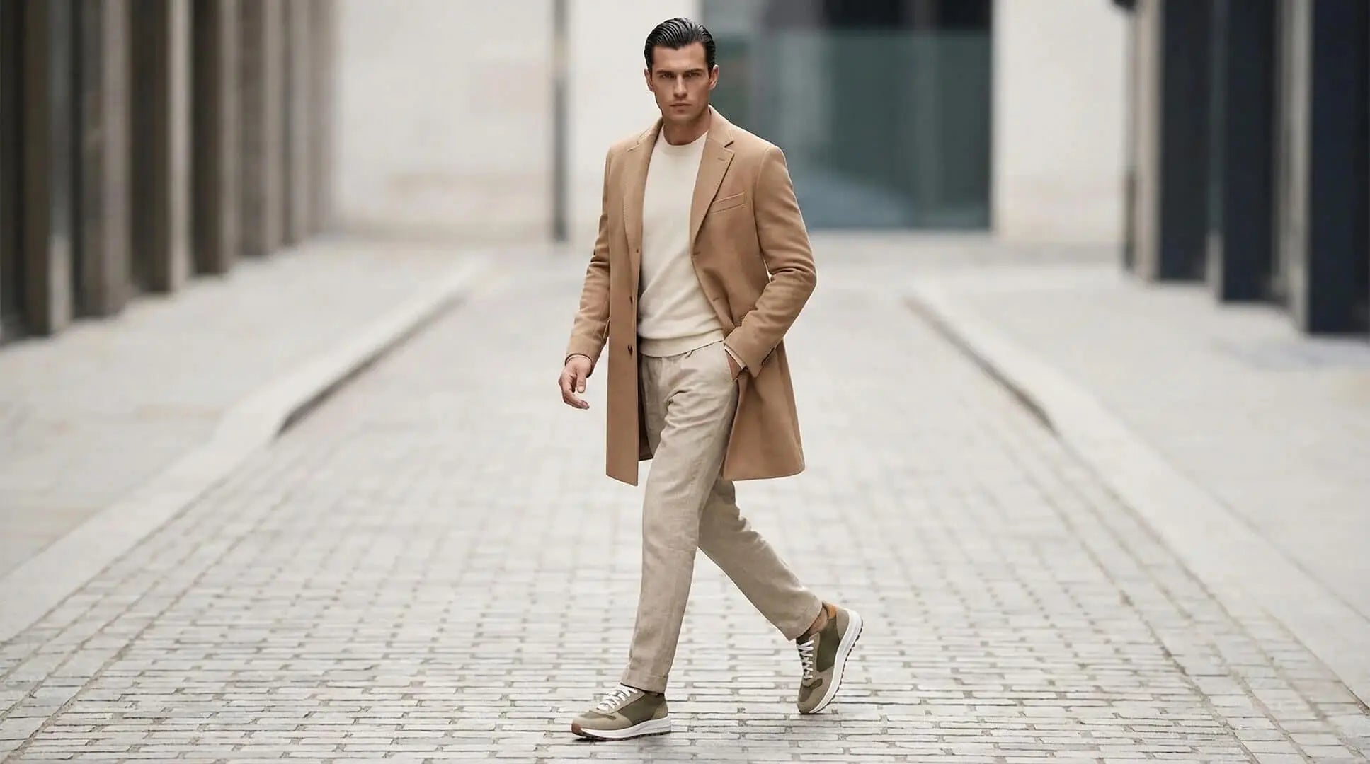 Man wearing Saturn Olive elevator sneakers with a beige coat. Smart casual retro height boosting shoes for men.