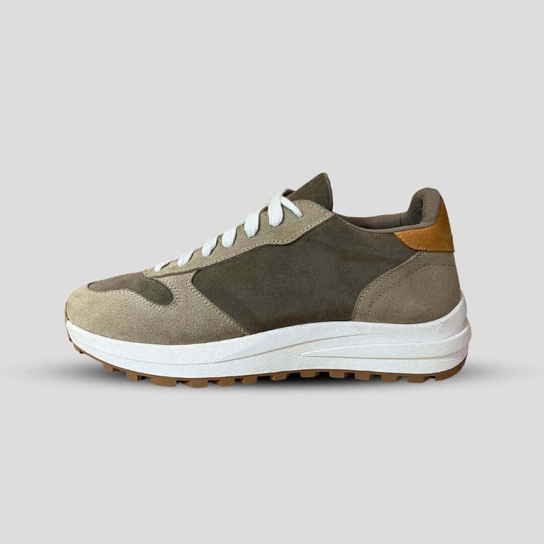 Side view of Saturn Olive elevator sneakers. Retro style green suede height increasing runners with white midsole.