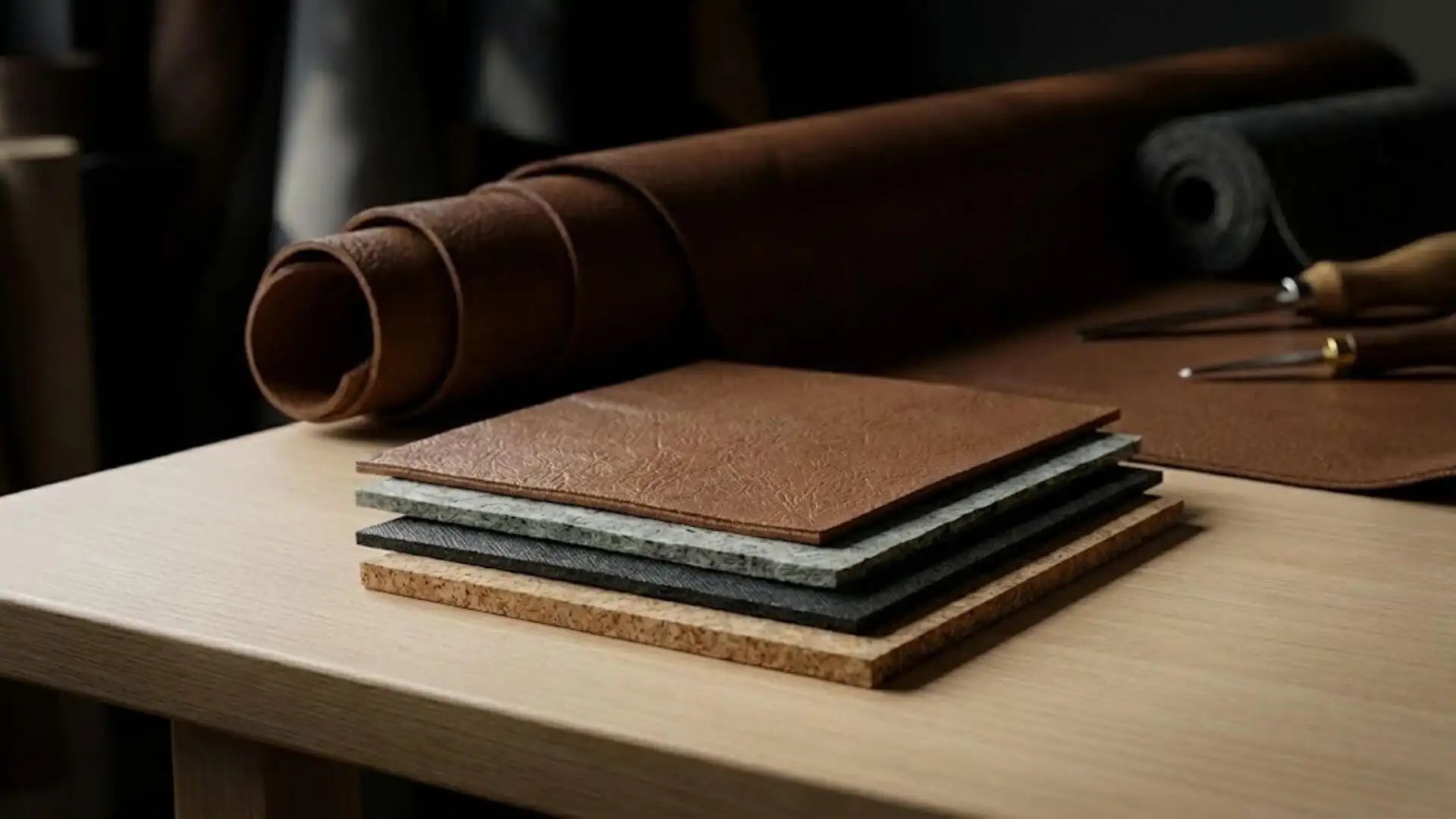 Stack of leather samples in warm brown, muted gray, and dark charcoal tones.
