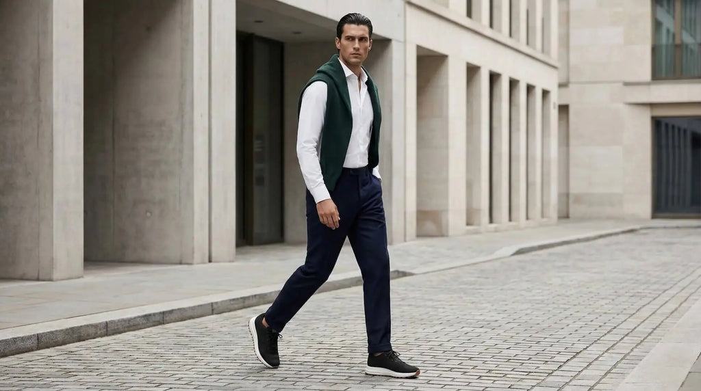 Man wearing Venus Black elevator sneakers walking outside. Comfortable height boosting shoes for active days.