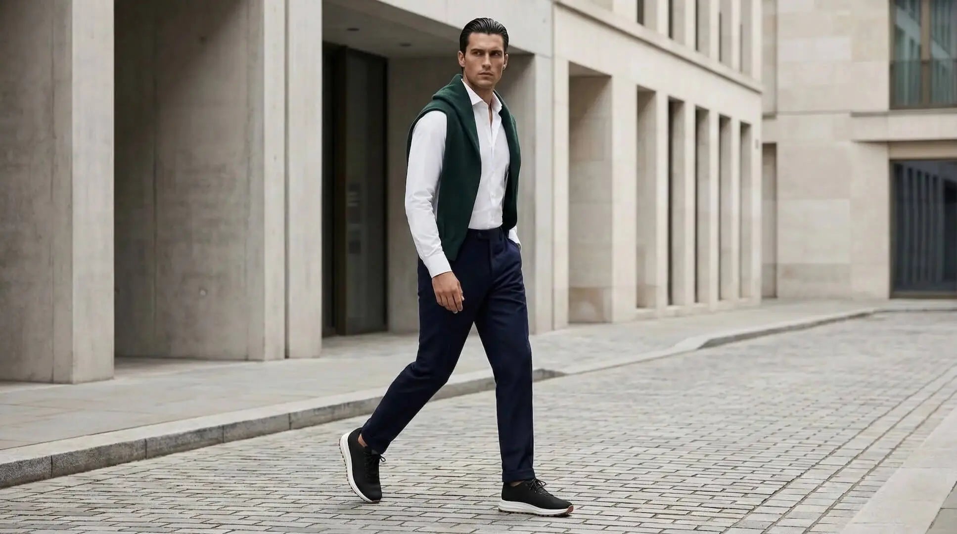 Man wearing Venus Black elevator sneakers walking outside. Comfortable height boosting shoes for active days.