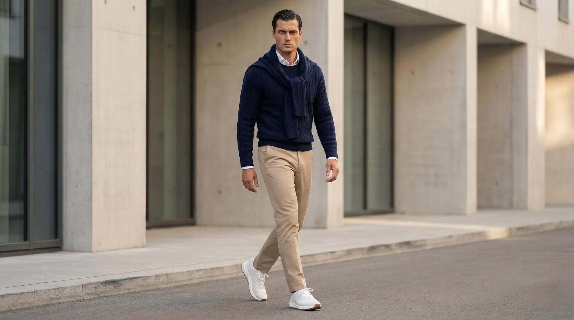 Man wearing Venus White elevator sneakers with chinos. Stylish white height boosting shoes for men.