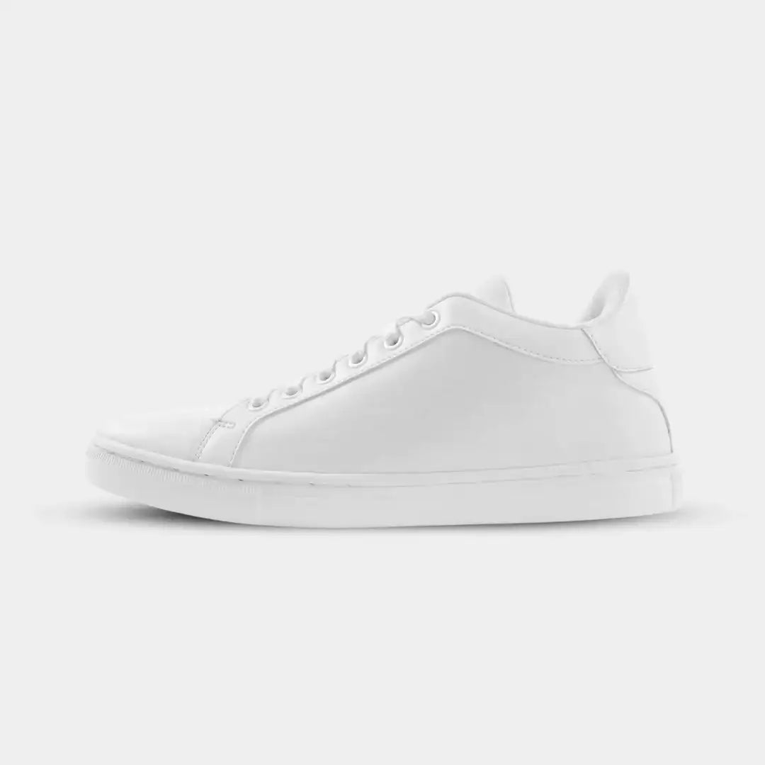 White leather low-top sneaker with clean, minimalist design and matching white laces.